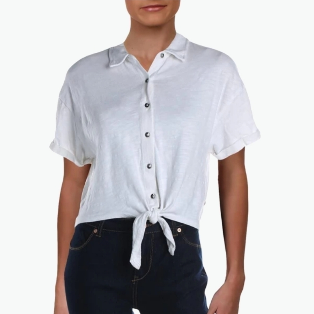 Splendid Off White Tie Front‎ Button Down Shirt Womens M 100% Cotton Casual Top